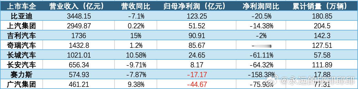 8家车企车企半年报扎心了
车企半年报扎心了
 
销量卷上天，利润集体承压📉
吉利营收韧性最强；比亚迪营收、净利双降；
长城、长安利润下滑幅度惊人，赛力斯、广汽直接亏损。
价格战没有赢家，车企赚钱越来越难。 ​