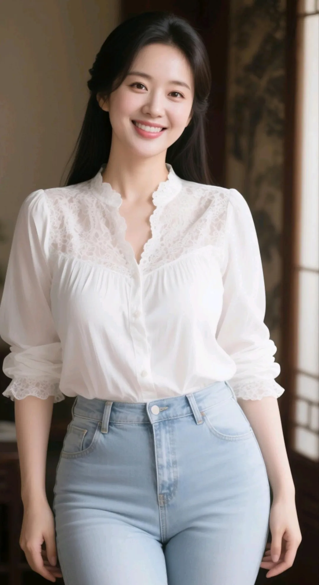 这位小姐姐穿着白色蕾丝衬衫和牛仔裤，笑容甜美。