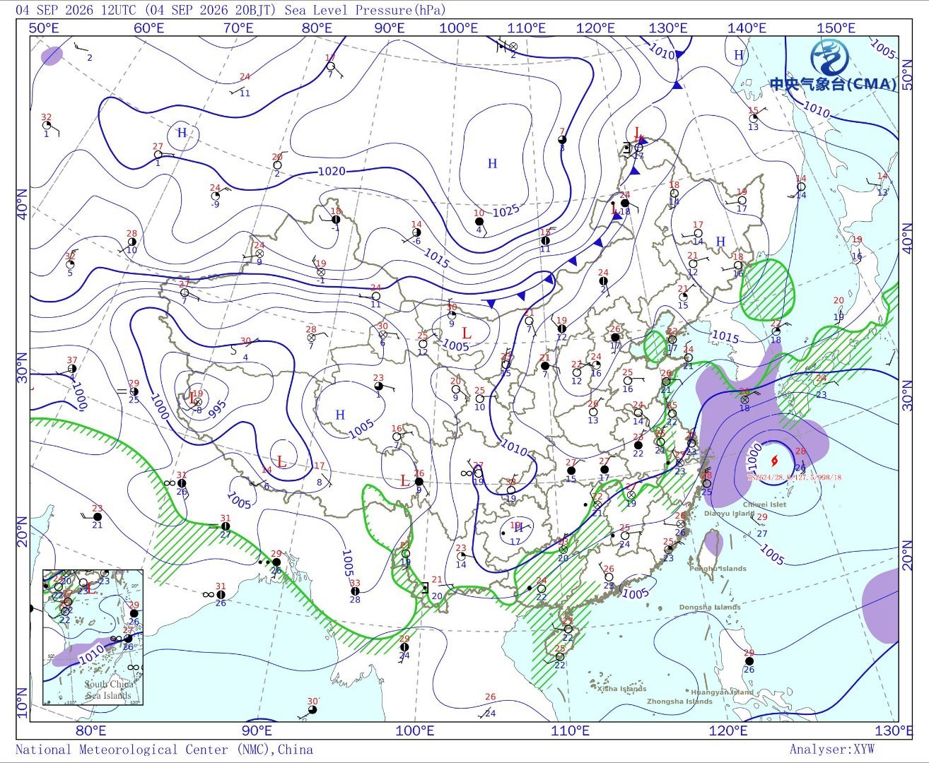 [20260905]天气图。蒙古那边来了个比较大的冷高压，其前方有个大冷锋。他俩正在向东移动。所以东北将在下周一迎来降温。不知道能不能下雨。天气预报现在说周一有雨。华南华东沿海省份被之前的台风弄得土壤都快泡饱和了。山区得注意山体滑坡等自然灾害了。 ​