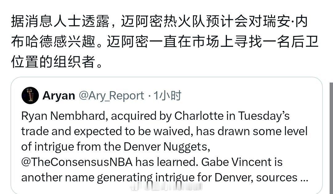 瑞安内姆哈德预计被黄蜂裁掉，消息透露热火会对他感兴趣 ​