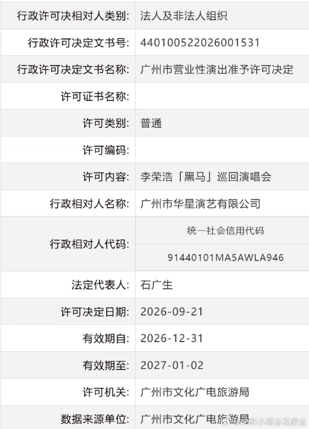 #李荣浩[超话]#  李荣浩广州跨年演唱会批文公示 ​