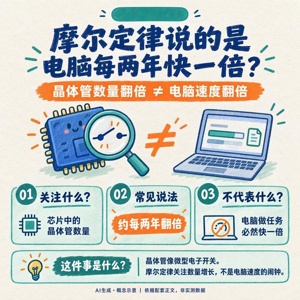 “摩尔定律”说的是电脑每两年快一倍吗？

想象一家餐厅扩建厨房：灶台、设备都能放更多了，但顾客点的每道菜，就一定能快一倍端上桌吗？🍳

不一定。摩尔定律里常说的“约每两年翻倍”，关注的是芯片中的晶体管数量。晶体管像微型电子开关，数量增长能给芯片设计提供更多空间，但电脑完成任务，还会 ​