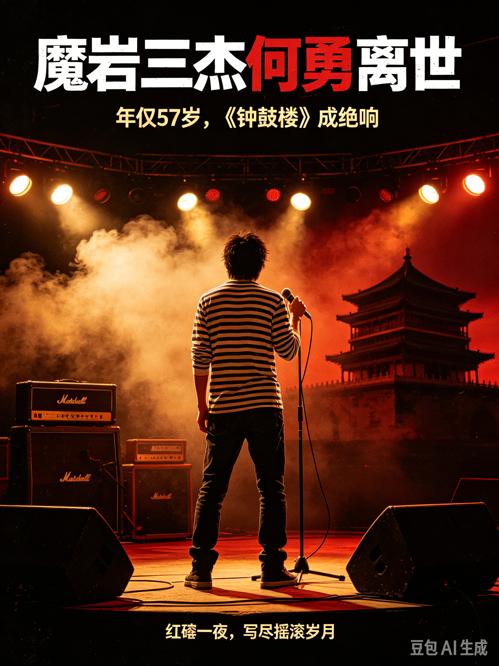 9月1日，摇滚音乐人何勇不幸离世，终年57岁，消息一出，无数摇滚迷陷入悲痛。
 
上世纪90年代，何勇和窦唯、张楚并称“魔岩三杰”，是中国摇滚黄金时代的代表人物。一曲《钟鼓楼》，唱出老北京胡同的烟火与乡愁，成为时代经典。
 
1994年红磡演唱会，何勇一身海魂衫登台，唱响青春与理想，那场演出，至今被