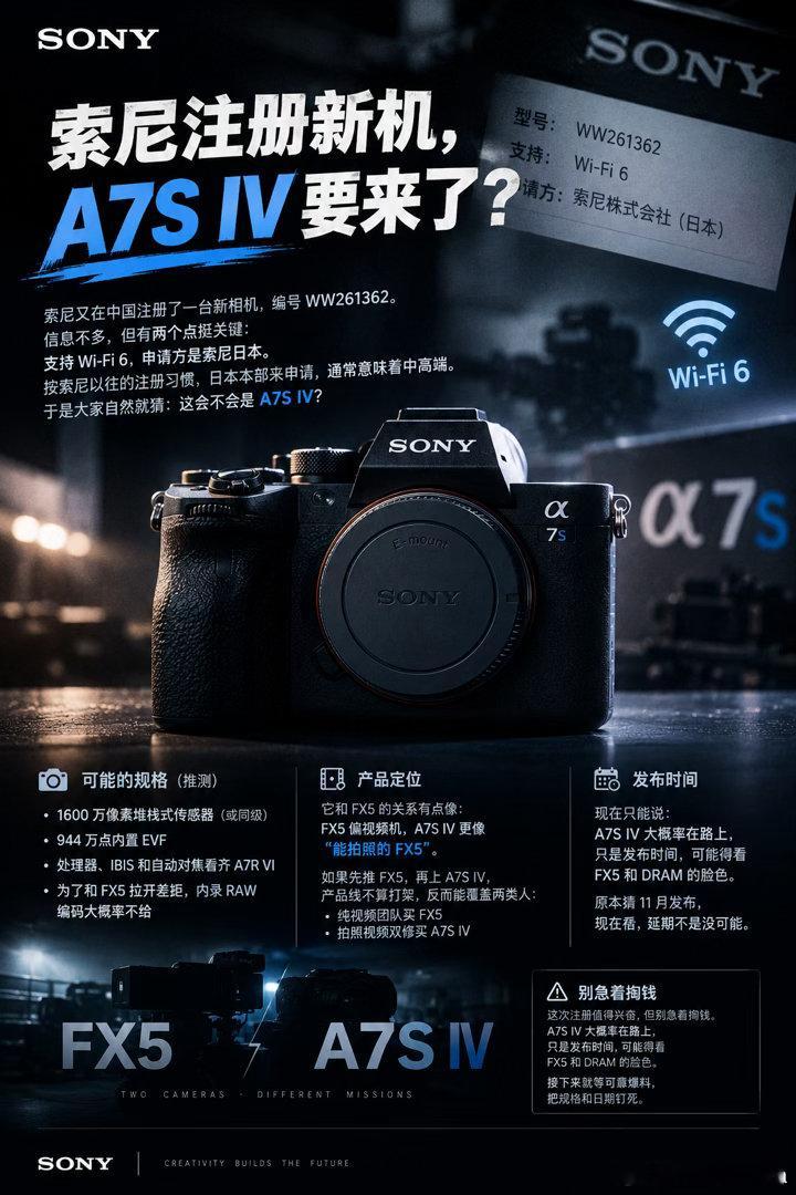 索尼注册新机，A7S IV 要来了？

索尼又在中国注册了一台新相机，编号 WW261362。信息不多，但有两个点挺关键：支持 Wi-Fi 6，申请方是索尼日本。按索尼以往的注册习惯，入门机和部分 FX 机型常走索尼中国（无锡）或泰国，日本本部来申请，通常意味着中高端。于是大家自然就猜：这会不会是 A7S IV？

 ​