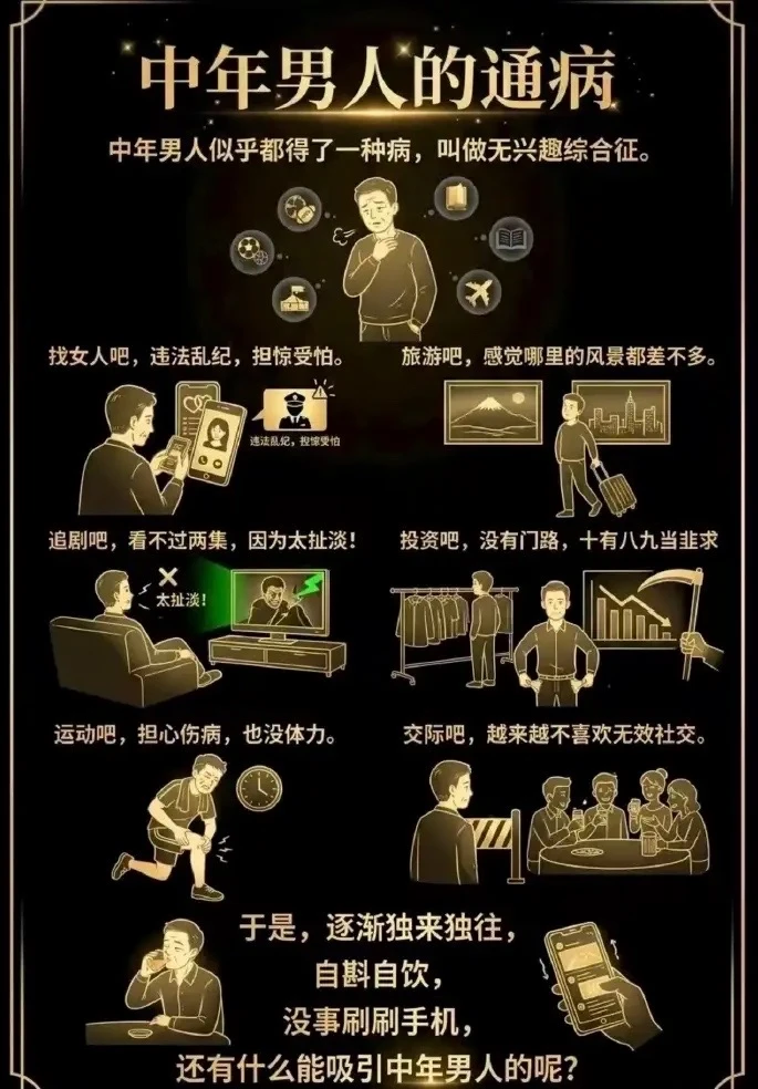 中年男人的通病表现：
吹牛（夸大过去的辉煌）、好为人师（到处教人做事）、或者突然