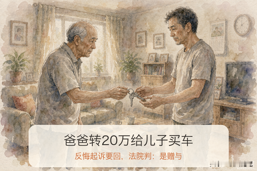 爸爸转20万给儿子买车后起诉要回

儿子婚前，爸爸痛快地转了20万，说“买辆车，体面些”。谁知道几年后父子闹掰，老爷子一纸诉状把亲儿子告上法庭，非说这20万是“借”的，要他还钱。

法院判了：这钱是赠与，不是借款，驳回父亲全部诉求。

看完心里挺不是滋味的。多少中国家庭都是这样——给的时候掏心掏肺，