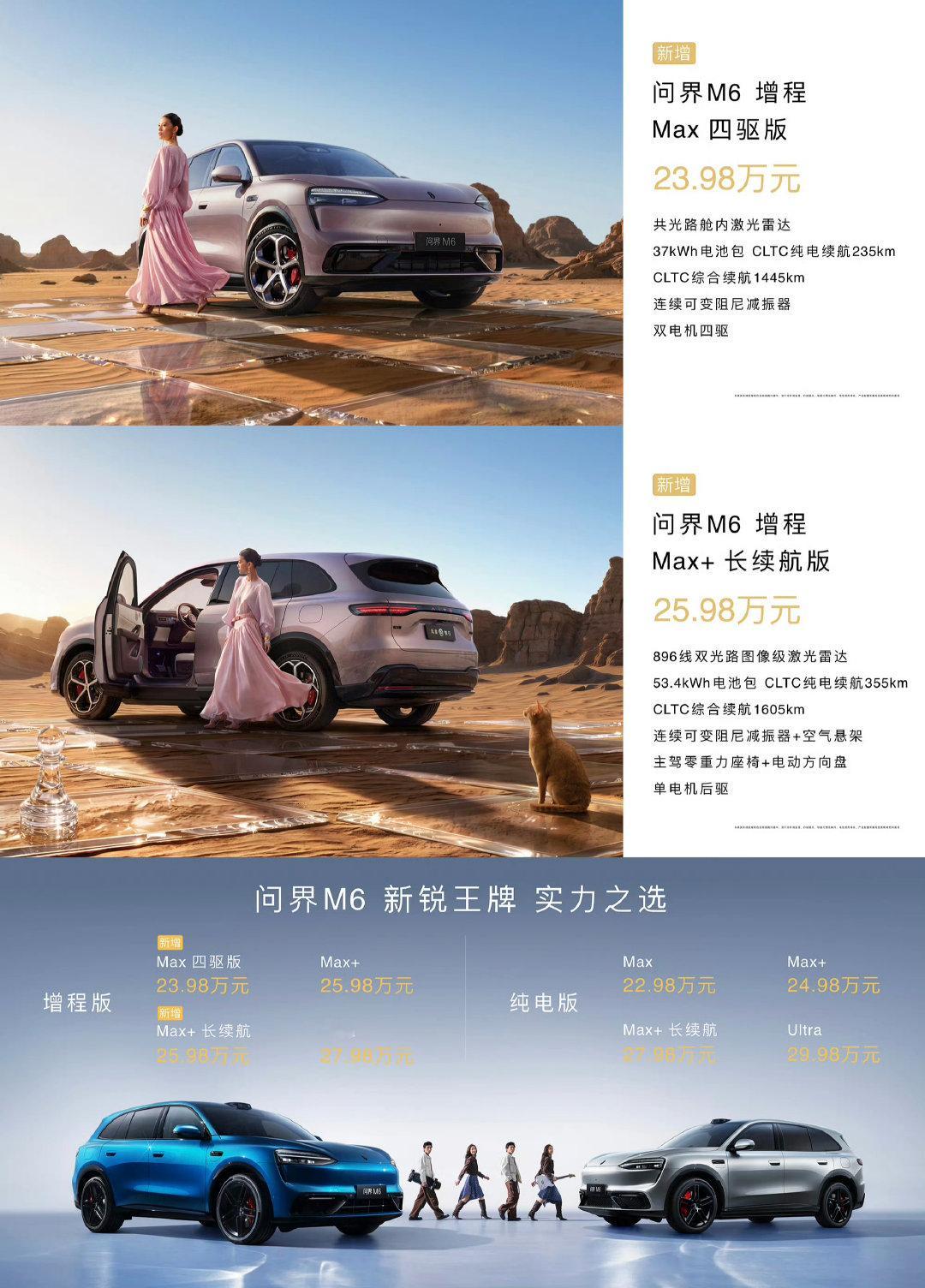 问界M6增加两款新车型，并且新增了外观内饰配色

问界M6 4月份上市4款车型，6月份上市2款，8月份又上市两款

看看能不能挽救一下销量颓势吧？ ​