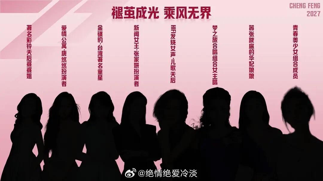 乘风破浪2027浪姐
【拟邀嘉宾】
宋茜、陈慧琳、龙梅子、张雅琪、李施嬅、邓家佳、杨茜尧、王晓晨、徐艺洋、王艳、卓依婷、王玉雯、邓丽欣、薛佳凝、安以轩、蒋欣、关之琳、何翯、陈思斯、慕容晓晓、张亚飞、常安、江海迦、刘萌萌、陈洁丽、营纫姿、刘紫玲、文咏珊、邓莎、乌兰托娅、沈春阳、谭松韵、狄 ​