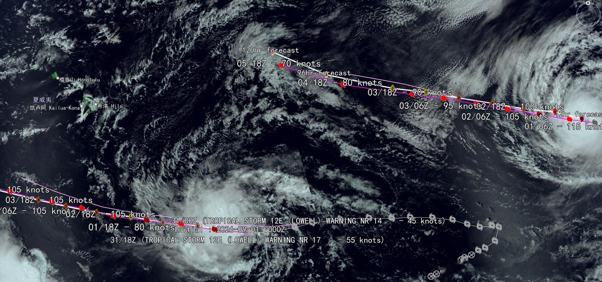 NOAA-20[钟]2026/08/31 [下雨] Hurricane Karina（22:05UTC） Tropical Storm Lowell （23:45UTC）
[话筒] AI: Karina 正以约 9 英里/小时（15 公里/小时）的速度向西北偏西方向移动，预计在整个预报期内将维持这一大致移动方向。最大持续风速仍接近 130 英里/小时（215 公里/小时），按照萨菲尔-辛普 ​