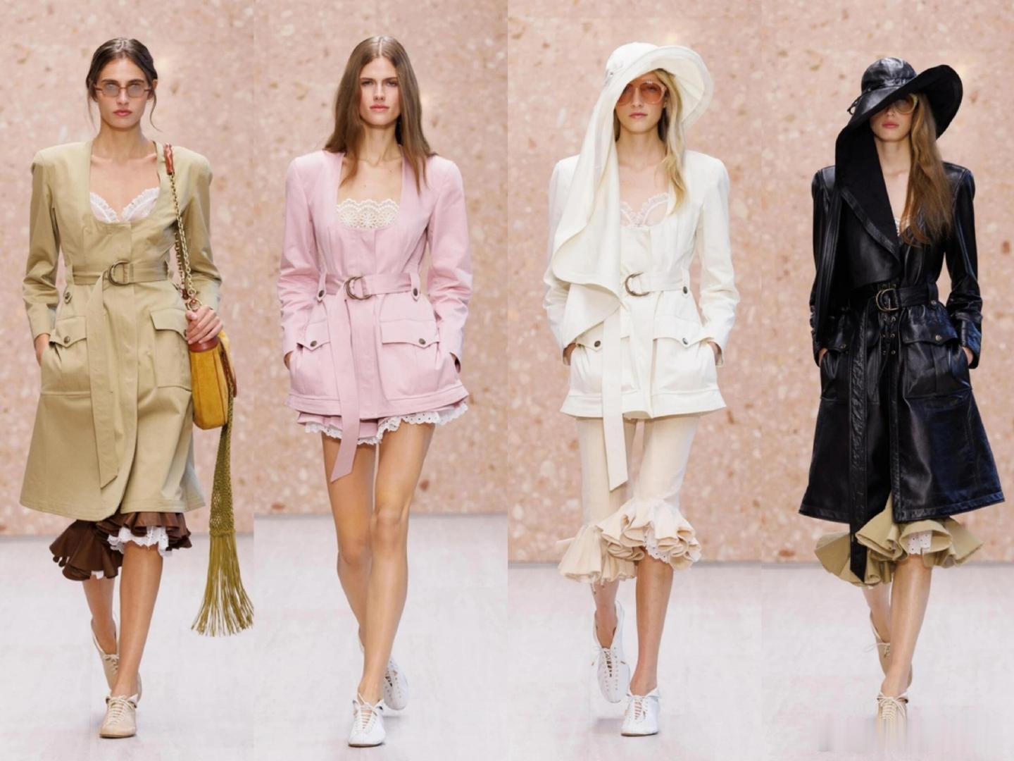 #时装周# Chloé 2027春夏迷恋系列发布
沙漏西装、复古灯笼裤登场，硬挺西装混搭蕾丝欧根纱，低饱和褪色色系，手工刺绣流苏加持，刚柔碰撞诠释法式美学#大秀直击##巴黎时装周# ​