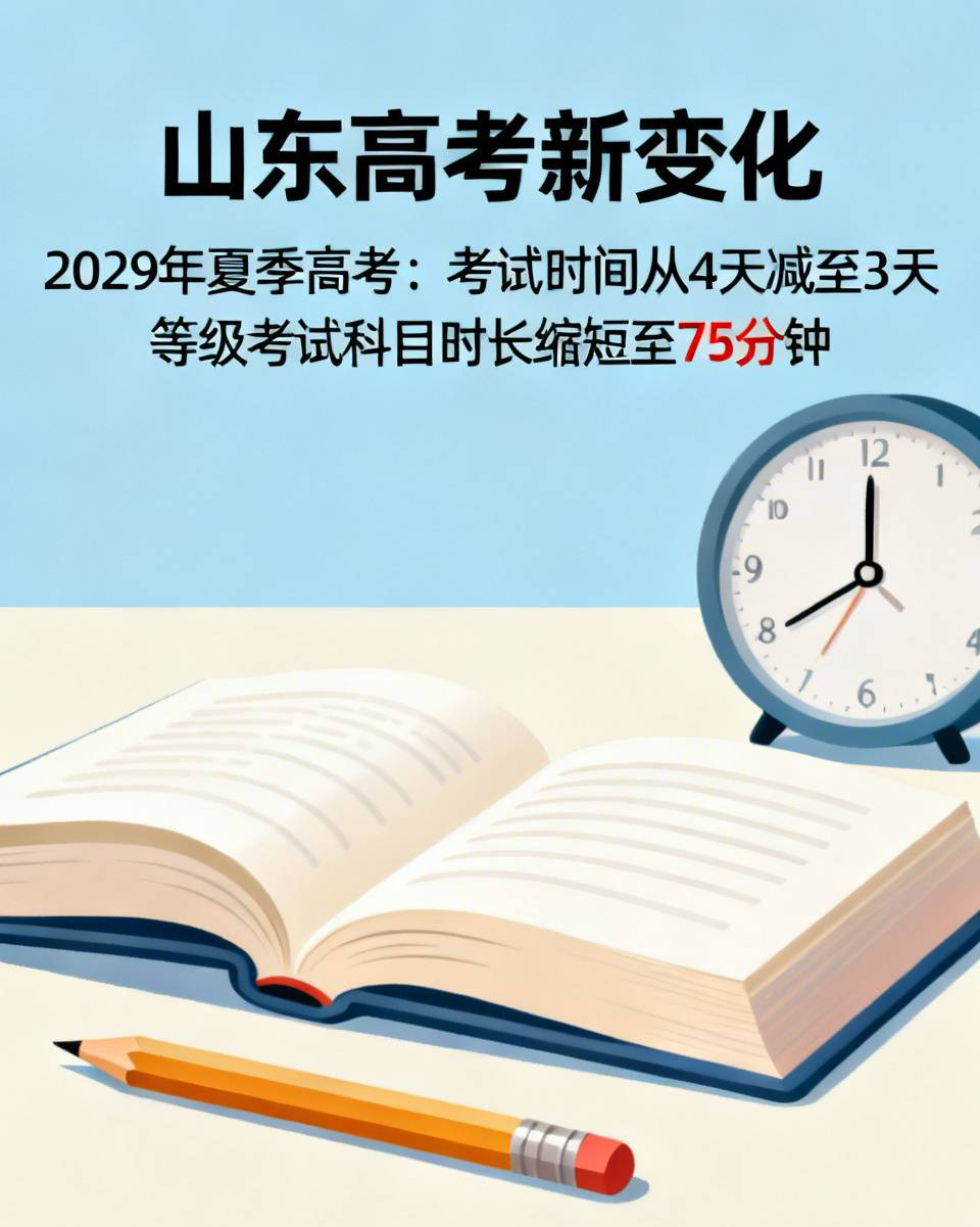 山东高考要变天啦！从2029年夏季高考开始，考试时间从4天砍到3天，等级考试科目时长也缩短到75分钟。这变化可不小，对考生来说，备考节奏得重新规划。以前4天时间，心理上能有个缓冲，现在3天就考完，压力会更集中。而且科目时长缩短，意味着答题速度得更快，考生得在更短时间内理清思路、精准作答。不过换个角度