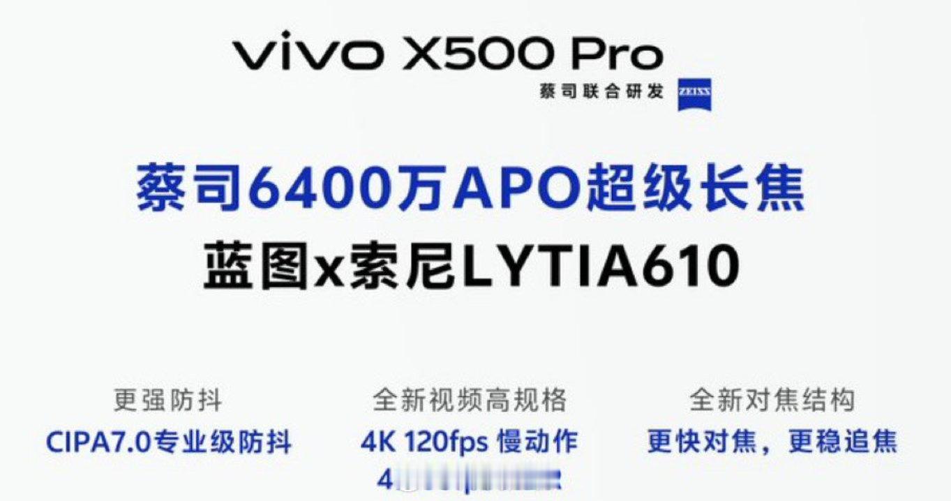 割了一点吗 vivo  X500 Pro 的长焦规格

X500 Pro：64MP LYT610 1/2”
X500 Pro Max：三星 HP0 1/1.4” ​