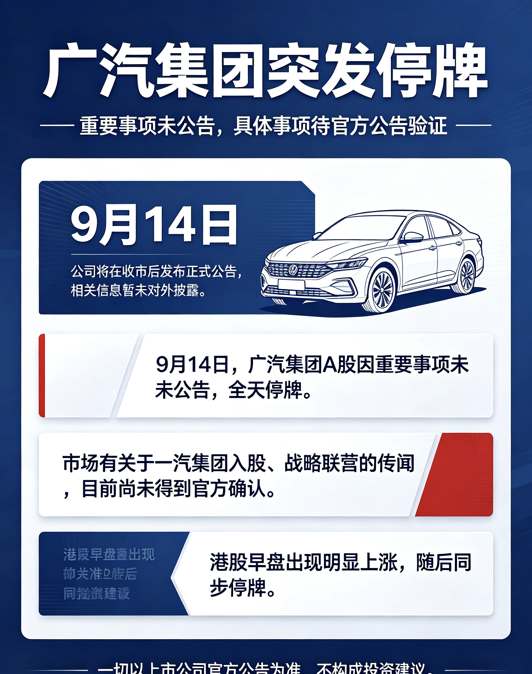9月14日，广汽集团A股因重要事项未公告，全天停牌 。
 
根据交易所信息，公司将在今日收市后发布正式公告，具体事项暂时没有对外披露 。
市场上流传一汽集团入股、战略联营的相关传闻，但广汽方面没有对此消息进行确认，传闻真假有待公告验证 。
 
值得注意，港股早盘出现大幅上涨，之