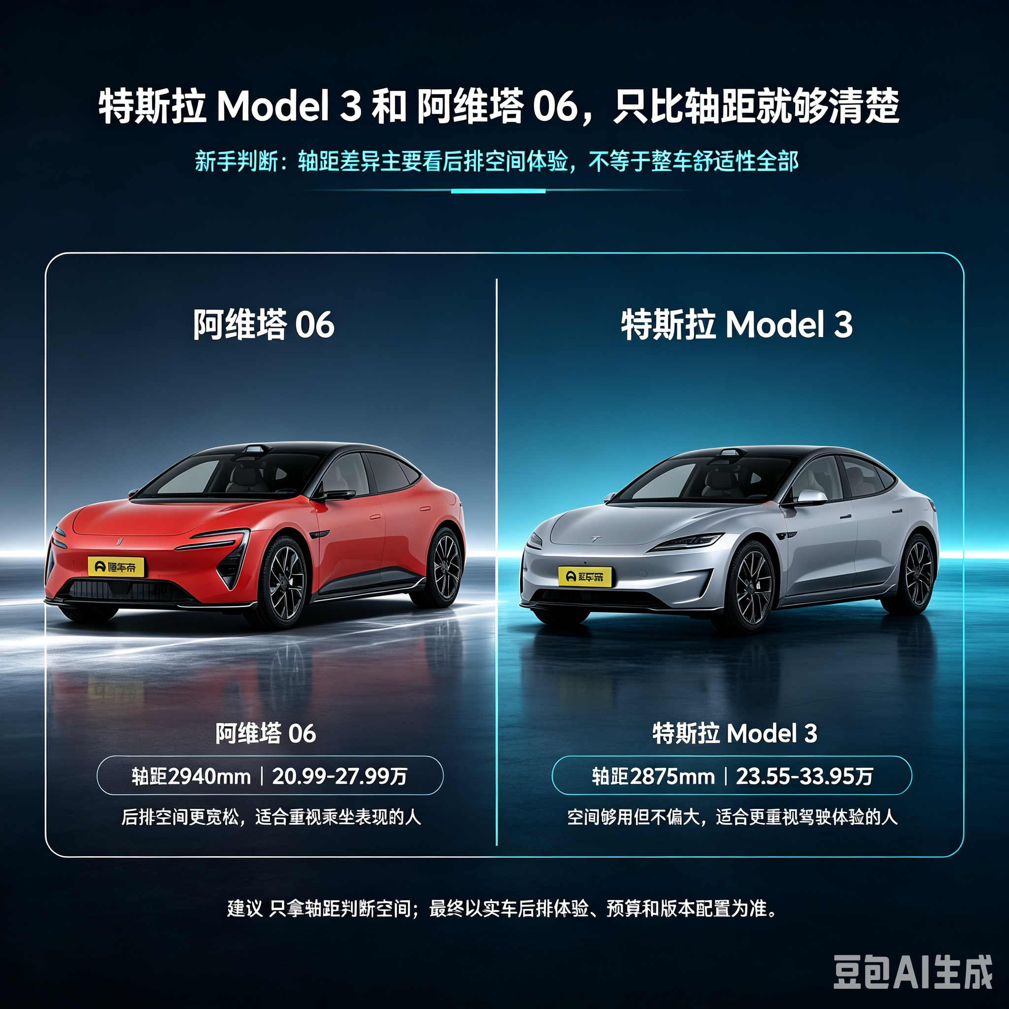 特斯拉model3和阿维塔06，只比轴距就够清楚了。新手车友的话，一般去判断一下轴距的差异性，还有就是后排的空间等等方面，亲自体验一下整车的舒适性是否符合自己的需求。【来自懂车帝车友圈】