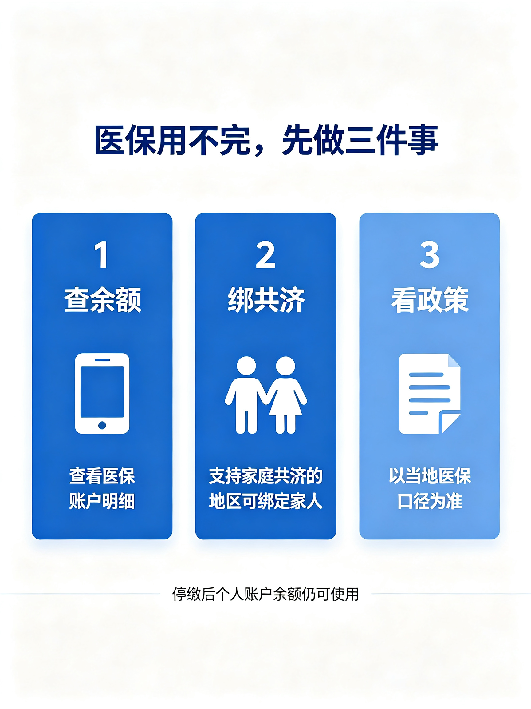 💰 医保卡里的钱，年底不清零就会收回？别被吓到了。

职工医保个人账户的钱是跨年结转、可累计的，不会因为&34;没花完&34;就没了。真正要注意的，是别为了&34;怕清零&34;盲目囤药——囤了用不上的才是浪费。

查余额、绑家庭共济（配偶父母子女都能用）、别按老观念理解医保——这三点记住了就行。

你所在城市的医保，能共