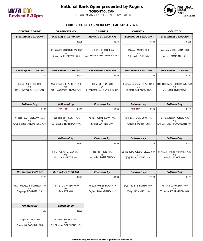 WTA1000多伦多站首轮因当地降雨而比赛延期，张帅、王欣瑜首轮比赛均...