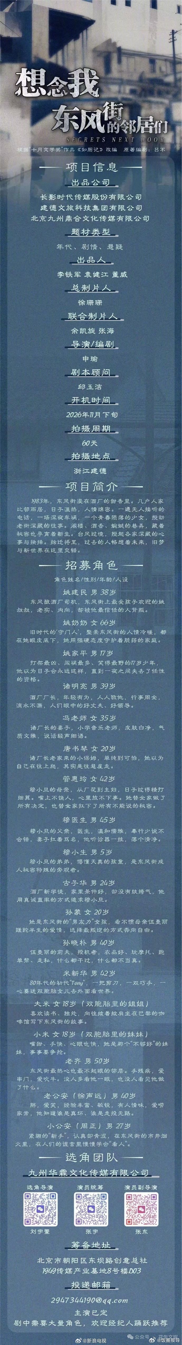年代悬疑短剧《想念我东风街的邻居们》发布组讯！改编自吕不"十月文学奖"...