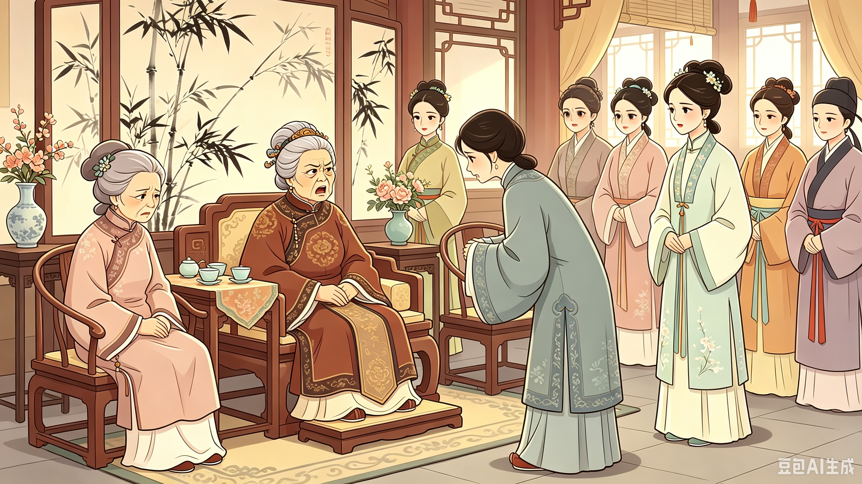 王夫人
王夫人是贾家的二儿媳妇，他与贾母的婆媳关系非常重要。红楼梦里面，大老爷贾赦要娶鸳鸯，贾母很生气，直接当着薛姨妈，薛宝钗、王熙凤及探春之人训斥在场的王夫人，王夫人一声不吭，不分辩，只听着。最后探春出来打圆场说这件事情不应该由王夫人负责。
   不事舅姑，是中国自唐以来法律七出的 ​
