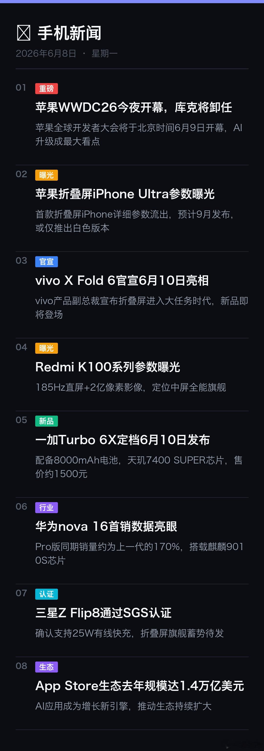 📱 今日手机新闻1. 苹果WWDC26今夜开幕，库克将卸任 — 苹果...