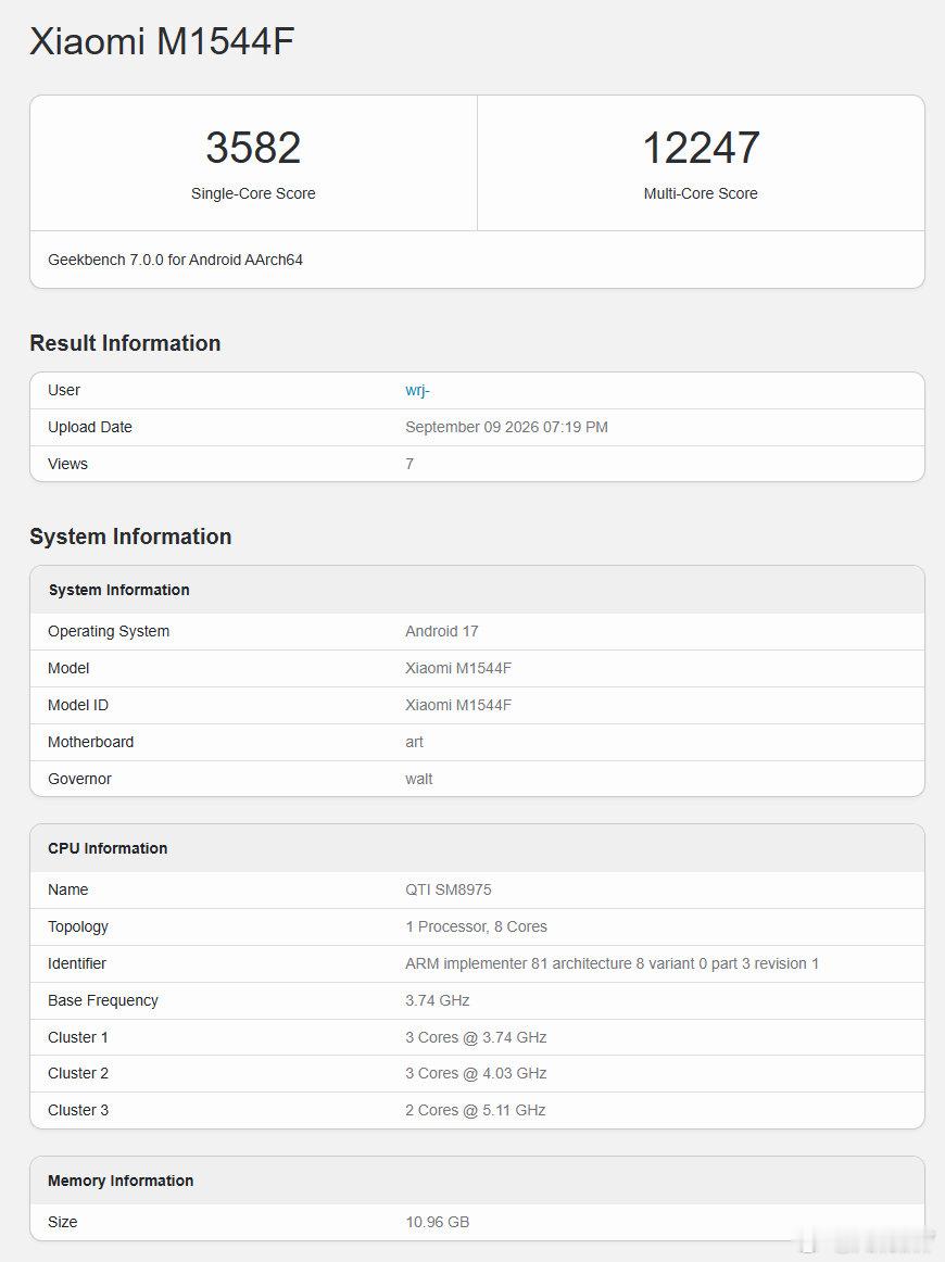 小米 18 Pro Max（M1544F）现身 Geekbench 7 的 CPU 和 GPU 测试

- 骁龙 8 Elite Gen 6 Pro（SM8975）
- 12GB 内存
- Android 17

最后两张截图为 GPU 测试成绩。

#小米##小米18ProMax# ​