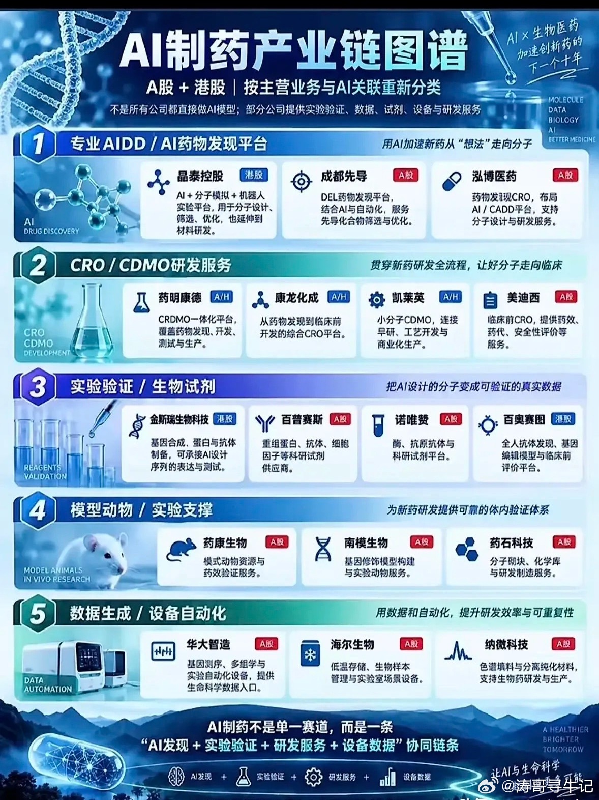 这张图谱完整梳理了AI制药整条产业链，覆盖A股与港股相关企业，并根据业务类型划分成五大板块。第一类是AIDD药物发现平台，依靠人工智能完成新药分子的筛选设计；第二类为CRO、CDMO企业，承接新药从前期研发到落地生产的全套服务；第三类是生物试剂与实验验证相关厂商，负责把AI算出的分子落地实测；第 ​
