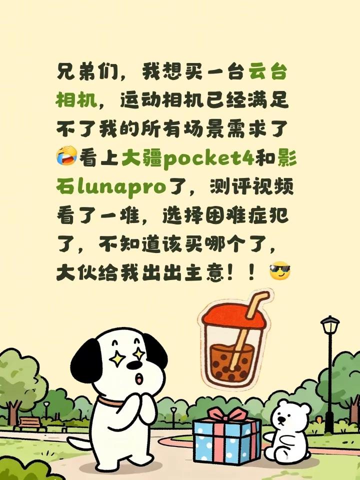 兄弟们，我想买一台云台相机，运动相机已经满足不了我的所有场景需求了看上大疆pocket4和影石lunapro了，测评视频看了不少，选择困难症犯了，不知道该买哪个了，大伙给我出出主意！！大疆pocket4 口袋云台相机 影石LunaPro 云台相机
