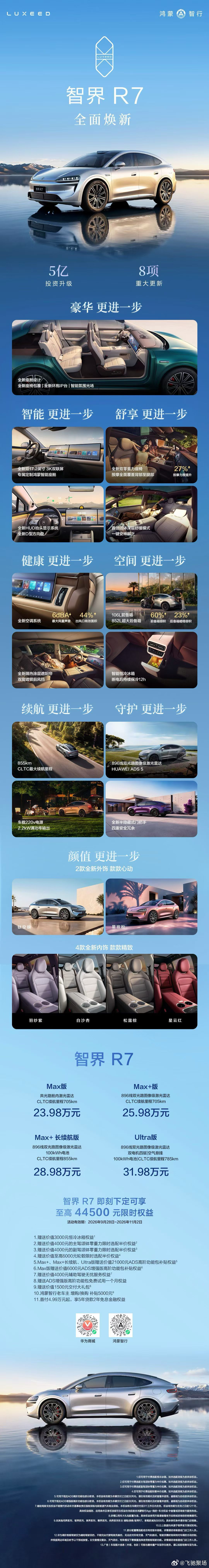 #智界R7 全面焕新！5亿投入，8大全维升级，售价23.98万至31.98万元起，可享至高44500元限时权益！7系价格拥有越级体验！全国展车已陆续到店，欢迎到店品鉴！ ​