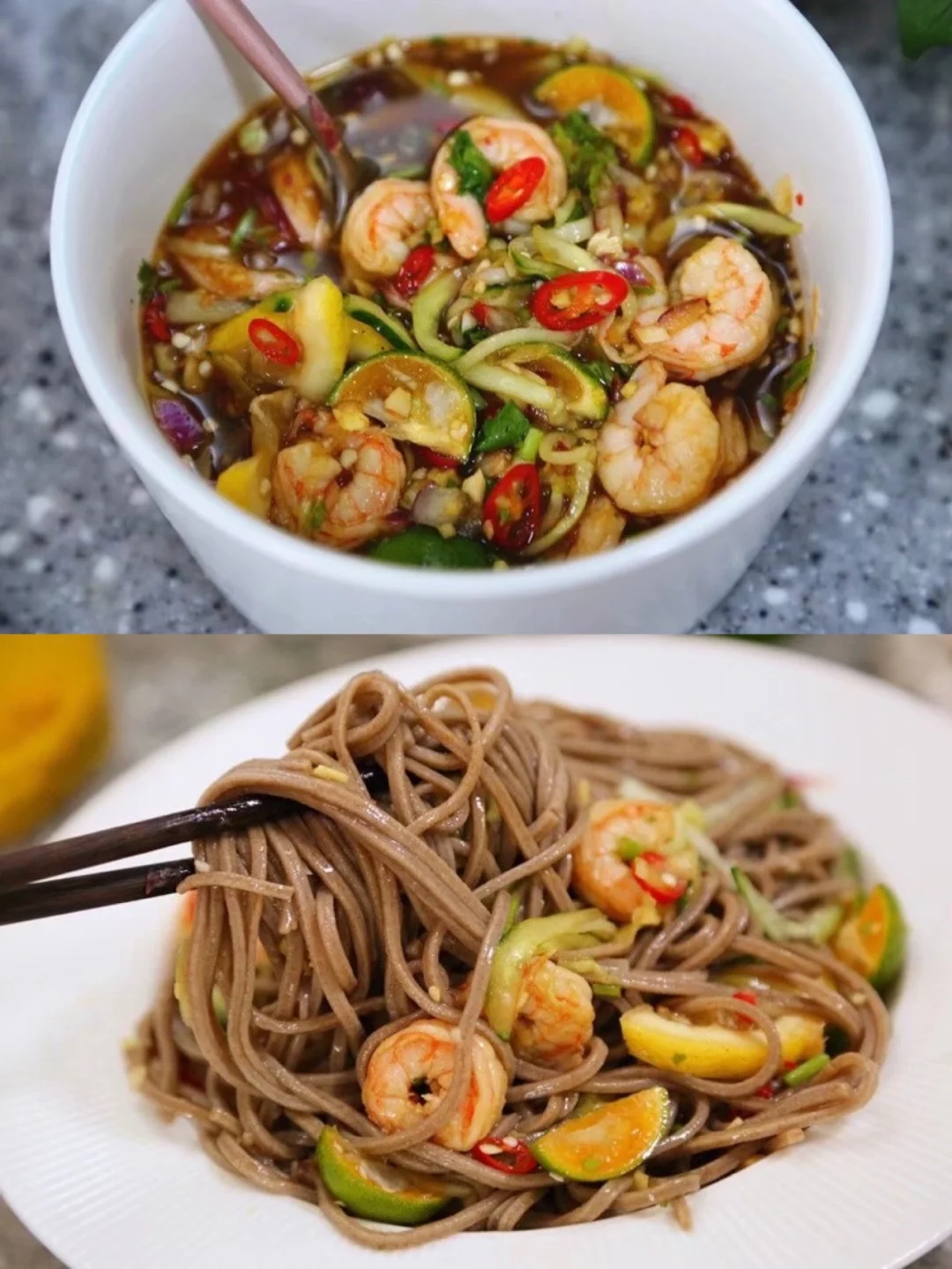 酸辣开胃的虾仁荞麦面好吃减肥必备啊