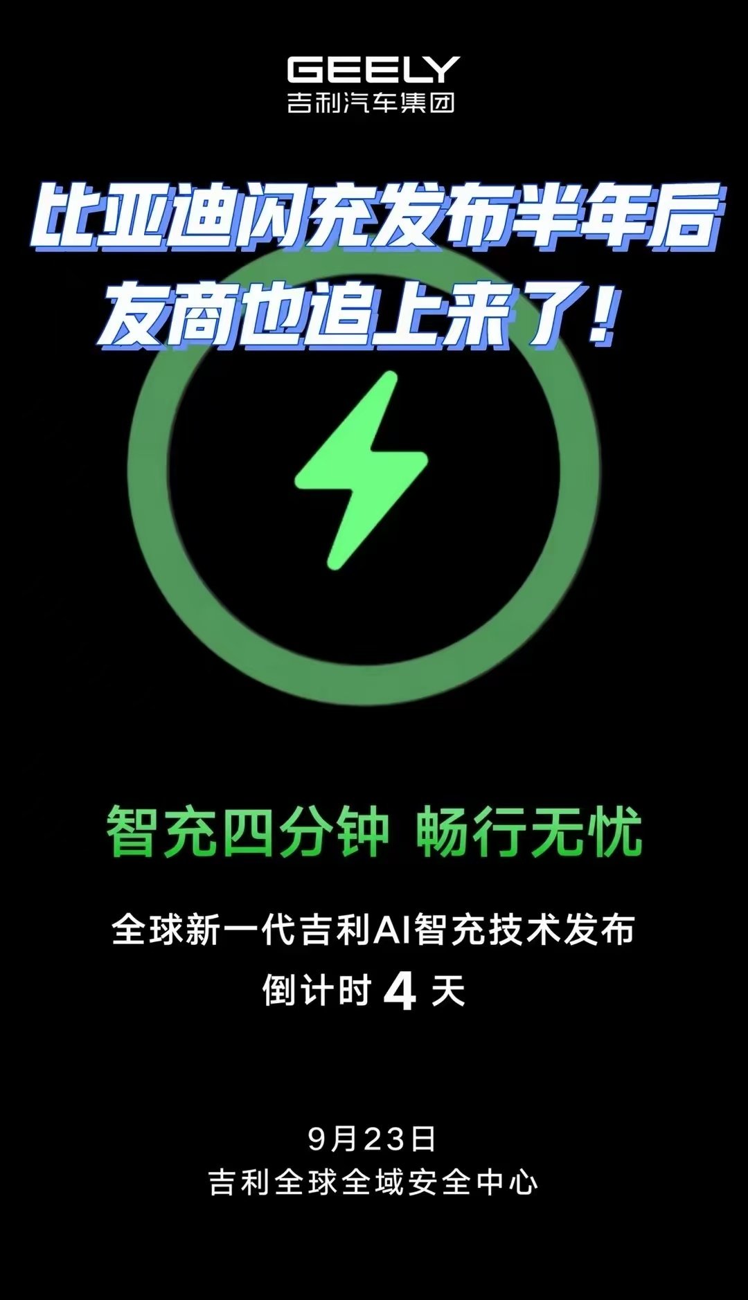 友商的口号比比亚迪还响！还短一分钟！
比亚迪闪充的口号是:5分钟充好，9分钟充饱。
吉利新来一个智充，口号是：四分钟，畅行无忧。
期待一下吉利过两天真实的落地表现！
希望比亚迪、吉利包括其他友商一起多卷卷充电桩！让基建惠及更多消费者！
大家现在市场充电用多少功率的桩多一些？ ​