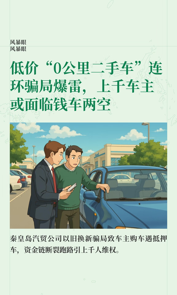 低价“0公里二手车”连环骗局爆雷，上千车主或面临钱车两空
兴高采烈低价全款入手一台号称“0公里”的二手车，最后发现，到手的是一台拿不到产权、背负银行贷款的抵押车。同一台车，一边找人背下车贷，一边对外转卖，商家拿汽车“以旧换新”补贴当说辞拖延过户。这起横跨多地的汽车销售骗局，在今年9月底忽然爆雷。
5个月前，26岁的王浩新从河南安阳驱车550多公里赶赴秦皇岛，花费13.5万元全款提走一台比亚迪汉。这个价格比本地4S店报价便宜近2万元。
销售人员向他承诺，只要原车主的“以旧换新”补贴落地，就能办理过户，合同标注的最晚过户时间为2027年6月2日。
王浩新觉得能等。他对凤凰网《风暴眼》说，“毕竟是普通家庭，条件本就不宽裕，能省一笔钱也好。”
彼时他并不知道，这背后是一套两头坑的连环骗局。
凤凰网《风暴眼》联系多名被骗车主了解到，涉事的秦皇岛中巅汽车贸易有限公司（下称“中巅汽贸”）、秦皇岛名天汽车销售有限公司（名天汽车）两家关联汽贸公司，借助短视频平台引流，编织话术布下圈套，“一车二卖”，...