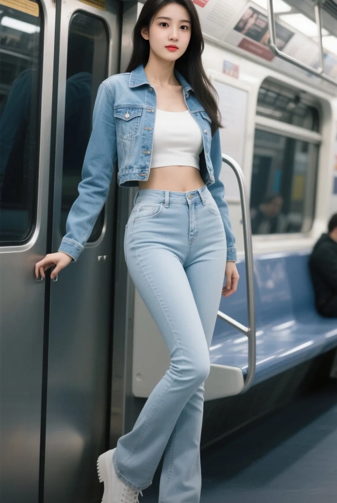 一眼沦陷！地铁里穿宽脚牛仔裤的长腿美女，妥妥的都市甜妹穿搭模板！