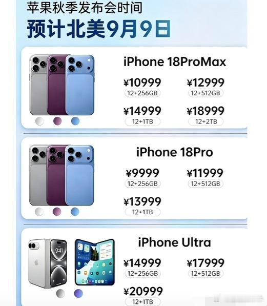 9 月 10 日凌晨 1 点（北京时间），苹果发布会来了。
看点：
iPhone 18 Pro/Max 换 2nm 的 A20 Pro，传闻可变光圈、灵动岛再缩小；
重头戏是首款横向折叠的 iPhone Ultra—— 外屏约 5.5 英寸、展开 7.7 英寸，液态金属铰链，爆料折痕压在 0.15mm 以内，取消 Face ID 改用侧边 Touch ID。
至于标准版 i ​