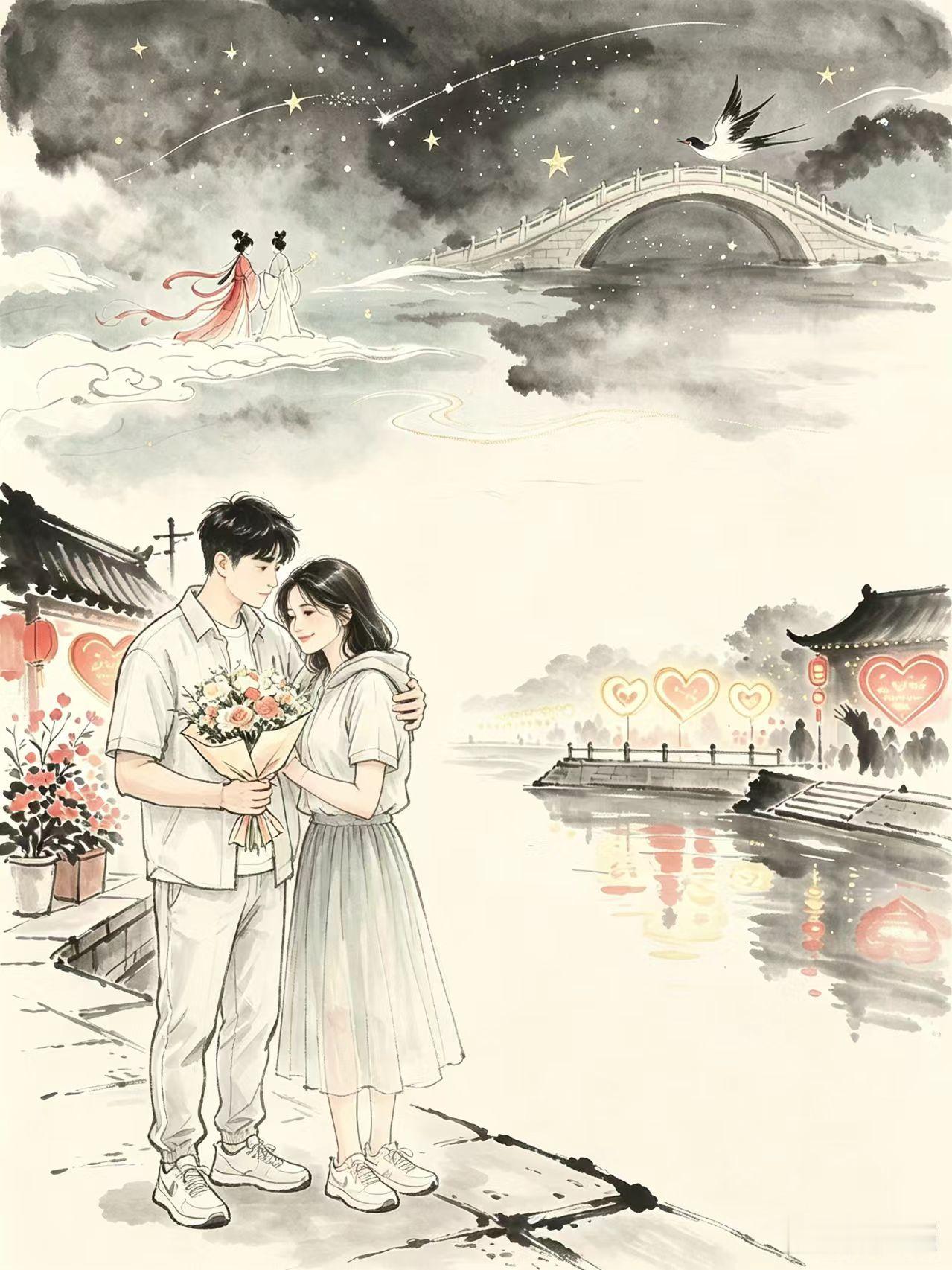七夕什么时候成了情人节？

       七夕这一日子随着西俗东渐，不知在哪年哪月竟然演变成了中国情人节。这其中也许有着牛郎织女夫妇拖儿带女，从阻隔他们的天河两岸，一年一度踏着鹊桥相会的神话故事的联想影响，但“情人”这一名词，在国人的传统观念和普遍认知中，似乎并不那么名正言顺冠冕堂皇，甚至不乏“二奶
