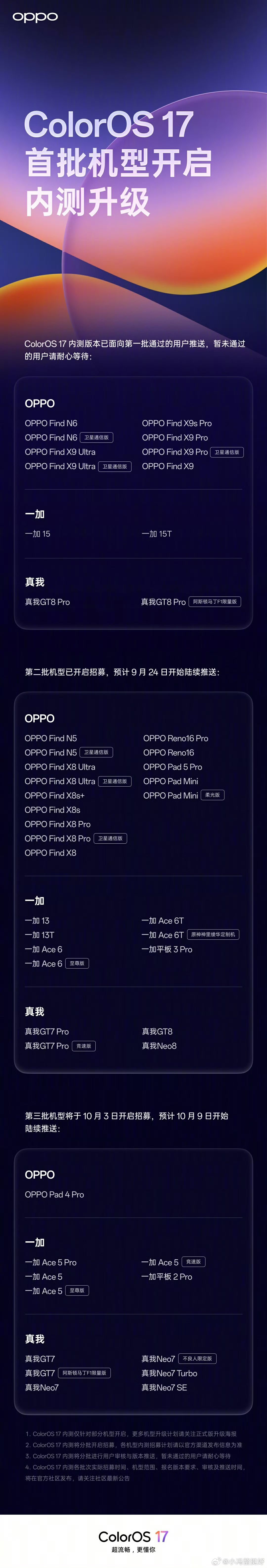 这是ColorOS 17的升级计划，以及首批机型～
#OPPO系统ColorOS17##OPPO Find X10# ​
