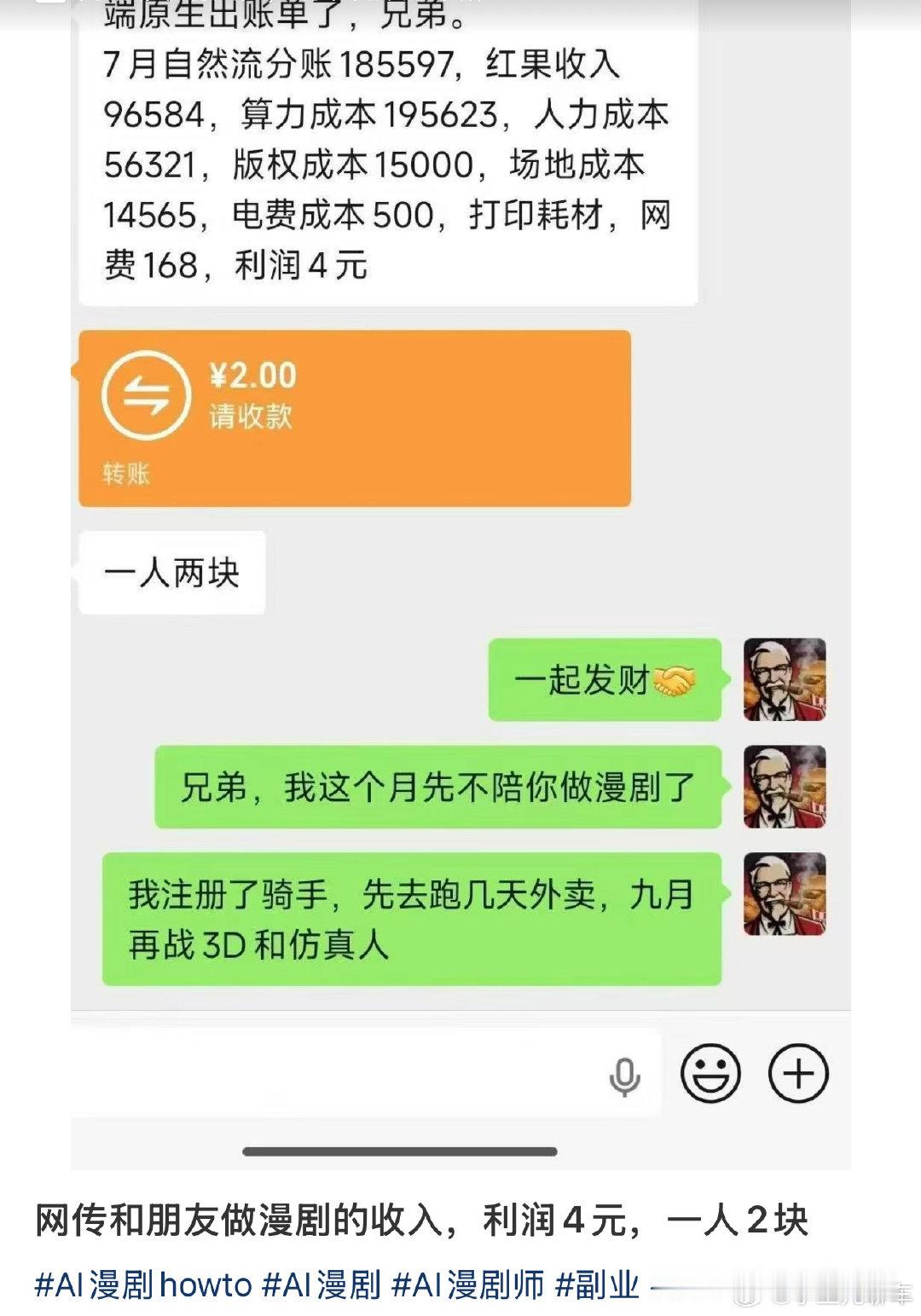 #AI漫剧这么赚钱吗#
都说AI漫剧是风口，看着好暴利。但感觉只是少数头部赚到钱，大部分普通人跟风入场，很难做出收益。门槛低不等于好赚钱，竞争实在太卷了。 ​