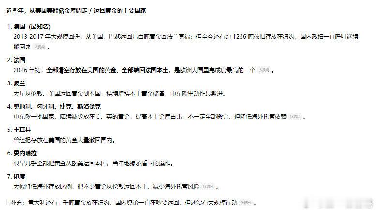 #黄金##金价# 好多国家都从美移走金子了
荷兰中央银行2日公布，该行今年3月至8月将约86吨黄金储备从美国纽约和加拿大渥太华转移至英国伦敦，以分散风险，做好危机应对准备。
此前欧洲许多国家也在陆陆续续搬运或者转移黄金。 ​
