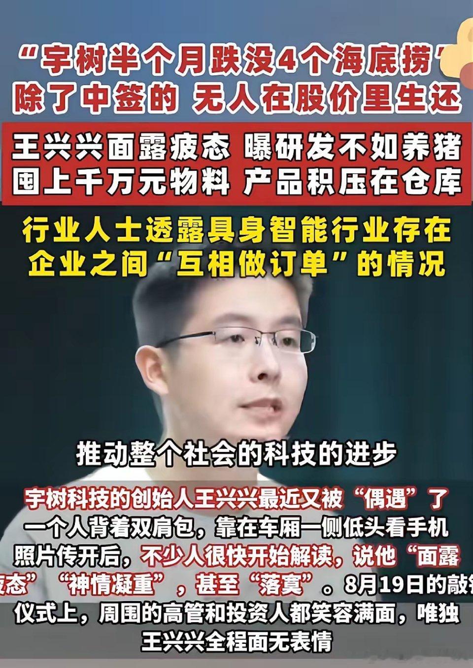 宇树科技的老板王兴兴也急了，面对一路下滑的股价，一时间束手无策。
可能还是太过年轻，虽说技术厉害，但商业阅历尚有欠缺。就算是天才，也还有不少短板需要慢慢补齐。
不少人发出疑问，产品堆在仓库，说白了还没打通真正的市场刚需。普通消费者买来，难道这么大个玩具买了和你逛街？ ​