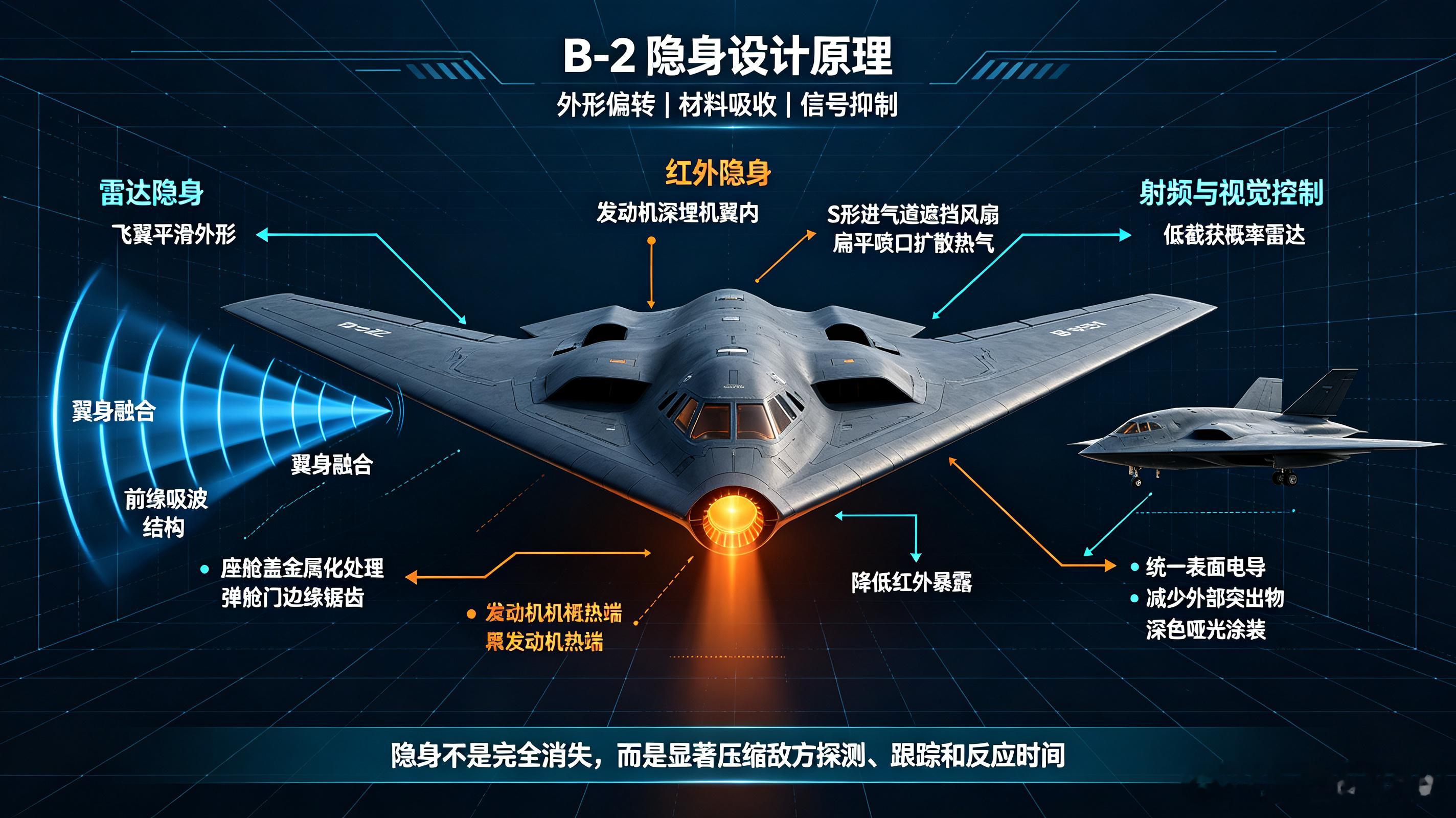 B‑2是美军现役唯一隐身战略轰炸机，采用飞翼无尾布局，依靠特殊外形与吸波涂层压缩雷达反射信号，具备洲际突防打击能力，不加油航程超1.1万公里，经空中加油可实现全球抵达，内置弹舱最大载弹量约22吨，可兼容常规弹药与核武器。

放在美伊冲突背景下，它最核心价值，是携带GBU‑57巨型钻地弹，穿透伊 ​