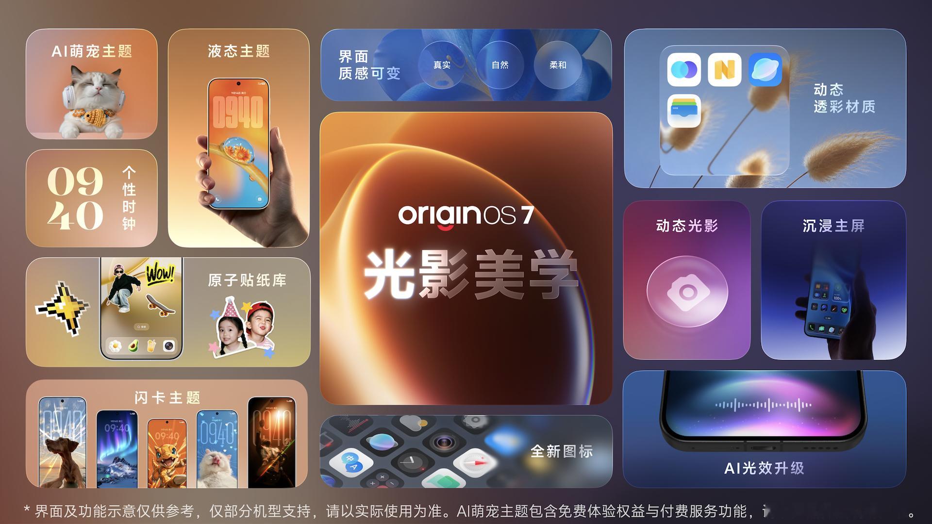 vivo 在 2026 开发者大会上发布 OriginOS 7。

核心变化包括：全新蓝心小 V Pro 可自主拆解任务、跨端操作，支持「定制攻略」「随身代办」「一句话生成专属组件」等场景，可调用 6,000 多项原子能力、支持超万种任务；系统新增截屏直达（AI 识别券码、取餐码上岛、票券进卡包）、