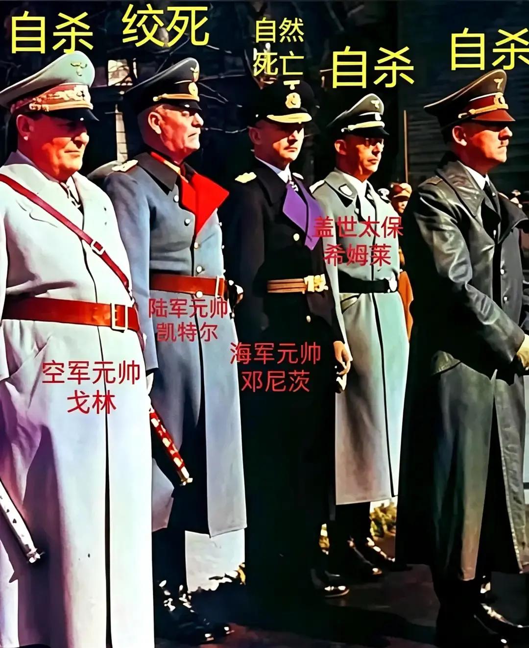 下图是希特勒与他的四位纳粹高官的合影，他们五人中，仅有一人得了善终，其他皆死于非命。唯一得善终者，是后来被希特勒任命为帝国新元首的邓尼茨。
1945年4月的柏林，地堡里的希特勒已做出最后决定。他身边的人——希姆莱、戈林、凯特尔，各自走向了不同的末路。他们陪着元首走到最后几步，却没人能陪他走进坟墓。