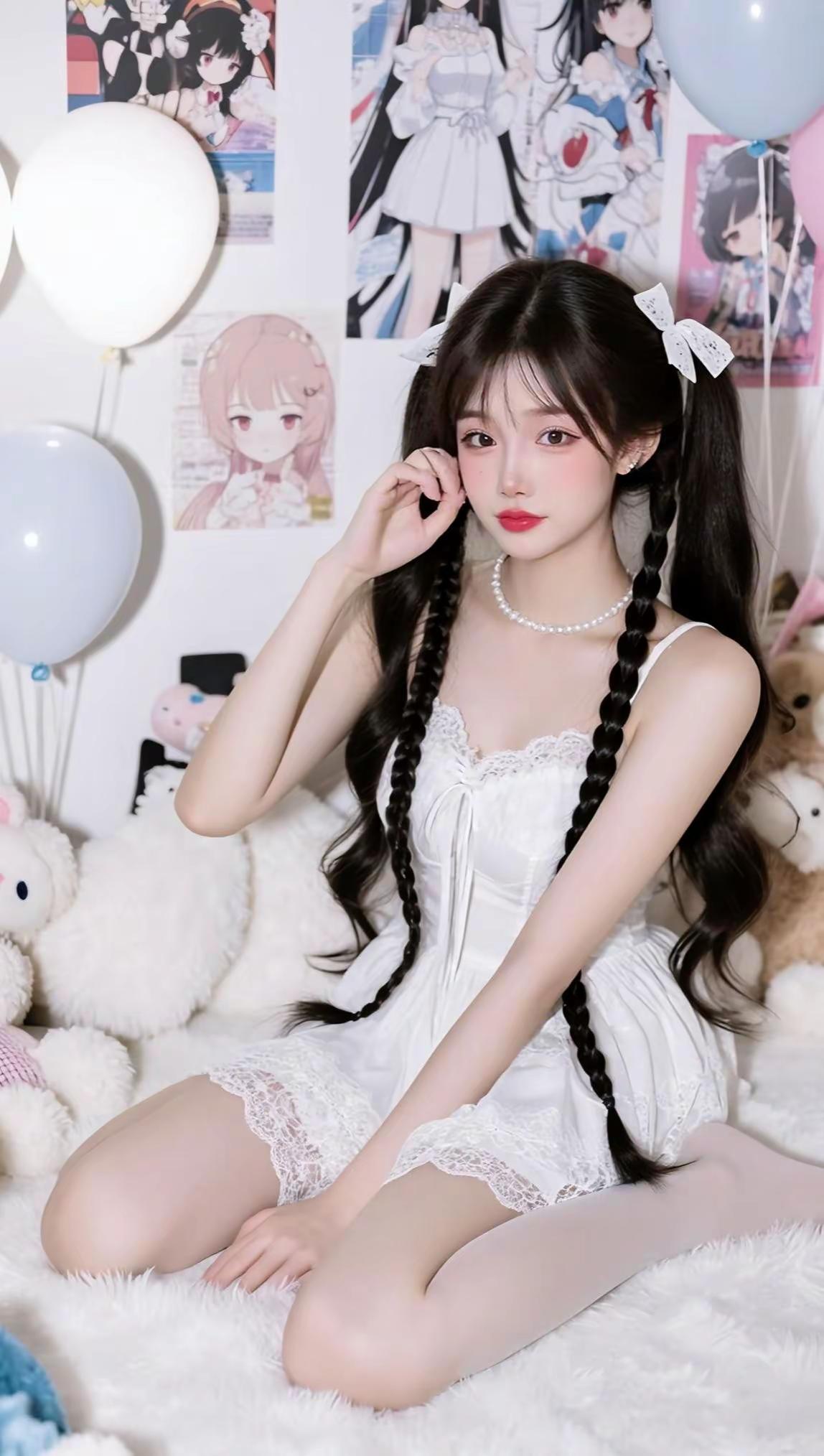 今日份甜美穿搭上线！白色蕾丝吊带裙，搭配双马尾，满满的少女感～🌸👗