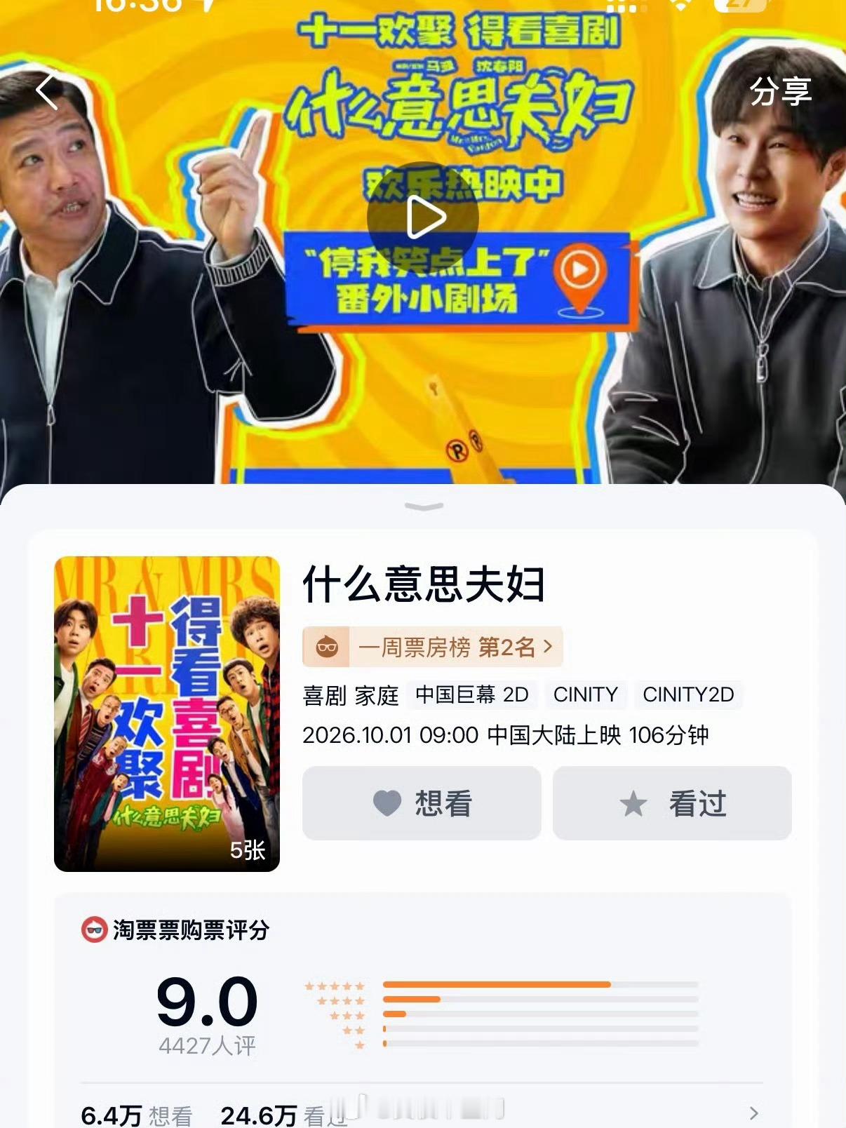 小沈阳夫妇逆袭成国庆档票房黑马！电影《什么意思夫妇》由沈春阳首执导筒，小沈阳零片酬出演，二人现实真夫妻搭档主演￼￼￼。
上映前市场预期很低，一度被看作国庆档炮灰，上映后靠口碑一路逆袭，稳居档期票房第二名，成今年国庆档最大黑马。影片是灵魂互换喜剧，讲中年夫妻互换身体，互相体会对方难 ​