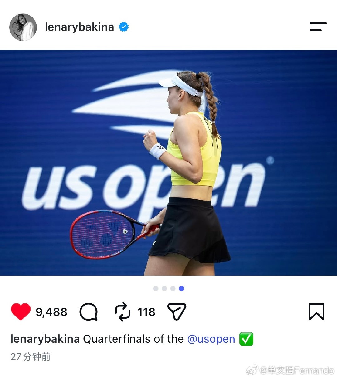 莱巴金娜！更新IG🔥
“进入美网女单1/4决赛✅”
#郑钦文下轮将战莱巴金娜##莱巴金娜说跟郑钦文打是艰难的对决##wta[超话]# ​