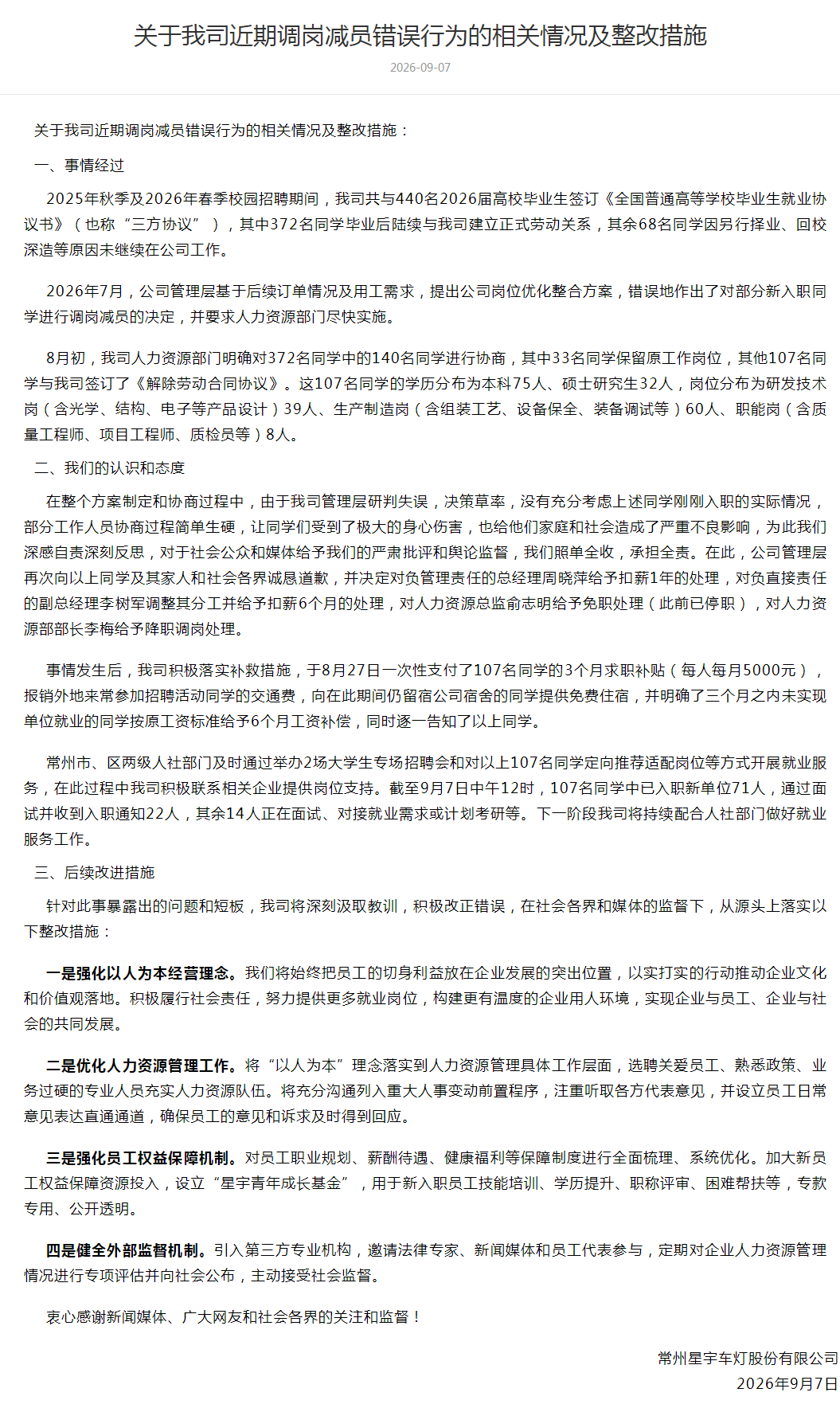 【#星宇车灯总经理被扣薪12个月#】#星宇车灯处罚公告#据星宇车灯官网消息， 9月7日，常州星宇车灯股份有限公司发布《关于我司近期调岗减员错误行为的相关情况及整改措施》。通报称，公司管理层再次向相关同学及其家人和社会各界诚恳道歉，并决定对负主要责任的总经理周晓萍给予扣薪1年的处理，对负直接 ​
