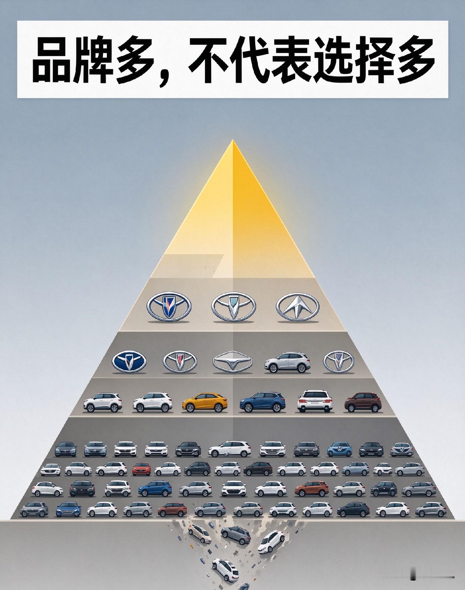 109个汽车品牌，听着吓人，可你真正能选的，其实是头部那十几家。这张中国汽车品牌金字塔图在X上刷屏，塔尖是红旗仰望尊界，中间挤满小米蔚小理问界，看着是百花齐放，实际是绞肉机。
 
先说这张图。109个品牌分了好多层，塔尖百万级的红旗、仰望、尊界，中坚的小米、蔚来、理想、问界，基座铺天盖地的大众和低价