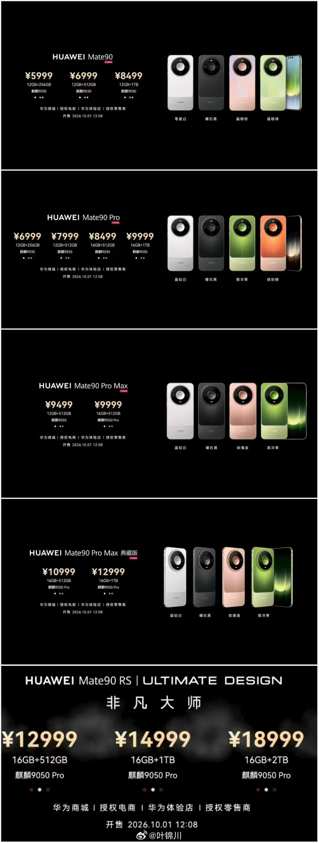 华为Mate90 系列价格来了

Mate 90
12GB+256GB 5999
12GB+512GB 6999
12GB+1TB 8499
 
Mate 90 Pro
12GB+256GB 6999
12GB+512GB 7999
16GB+512GB 8499
16GB+1TB 9999
 
Mate 90 Pro Max
12GB+512GB 9499
16GB+512GB 9999
 
Mate 90 Pro Max 典藏版
16GB+512GB 10999
16GB+1TB 12999
 
Mate 90 RS 非凡 ​
