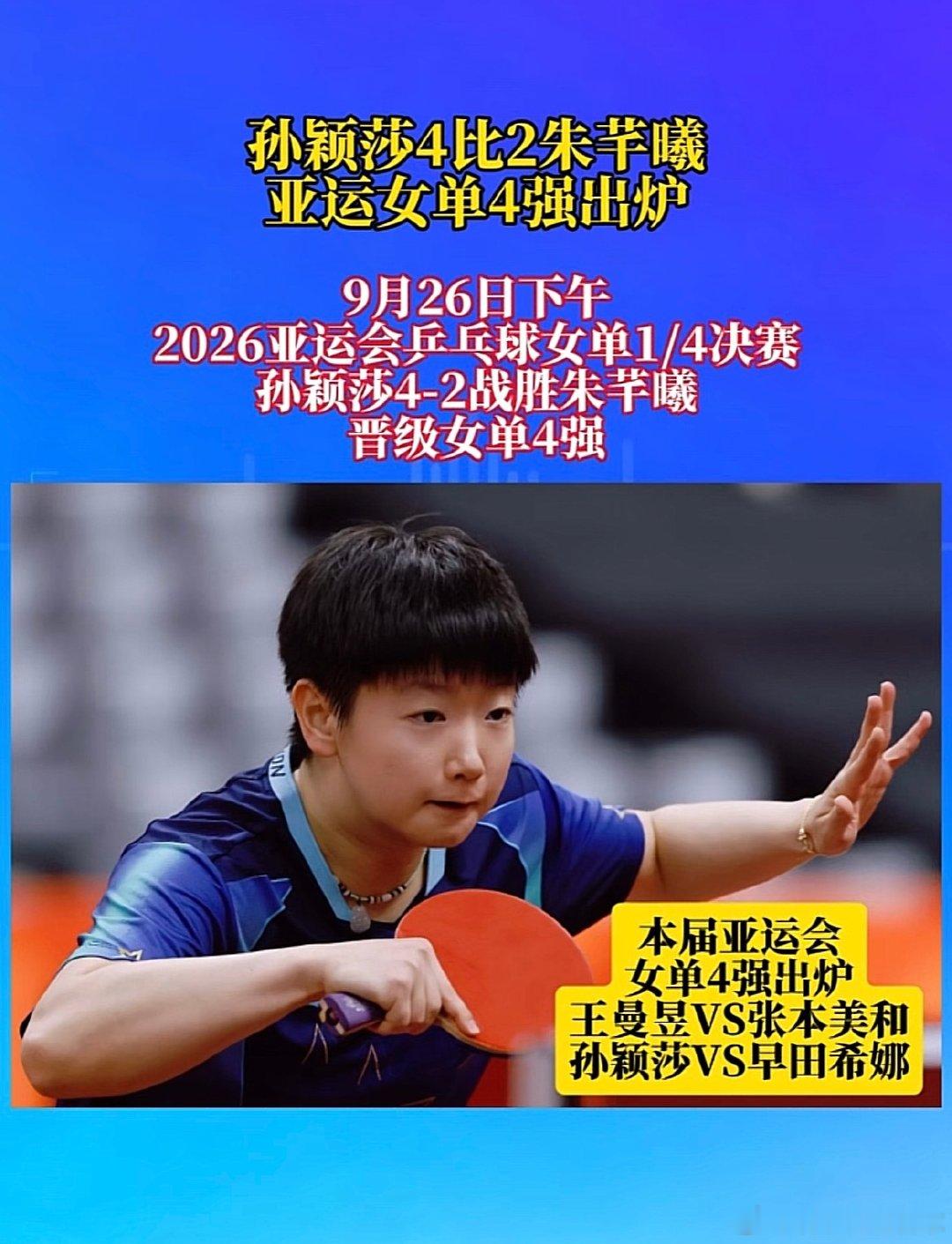#孙颖莎3比0朱芊曦#孙颖莎4-2战胜朱芊曦，晋级女单四强【11-9、14-12、11-3、7-11、11-13、11-8】莎莎加油！#中国乒乓球队[超话]##v观亚运# ​