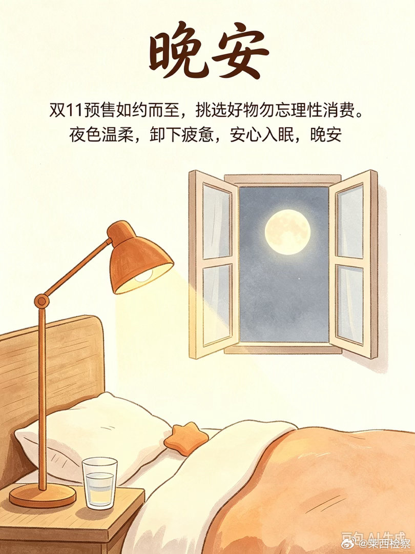 #晚安[超话]##检护朝夕# 双11预售如约而至，挑选好物勿忘理性消费。夜色温柔，卸下疲惫，安心入眠，晚安🌙#今晚8点上淘宝双11开卖##林宥嘉的丰愉时刻# ​