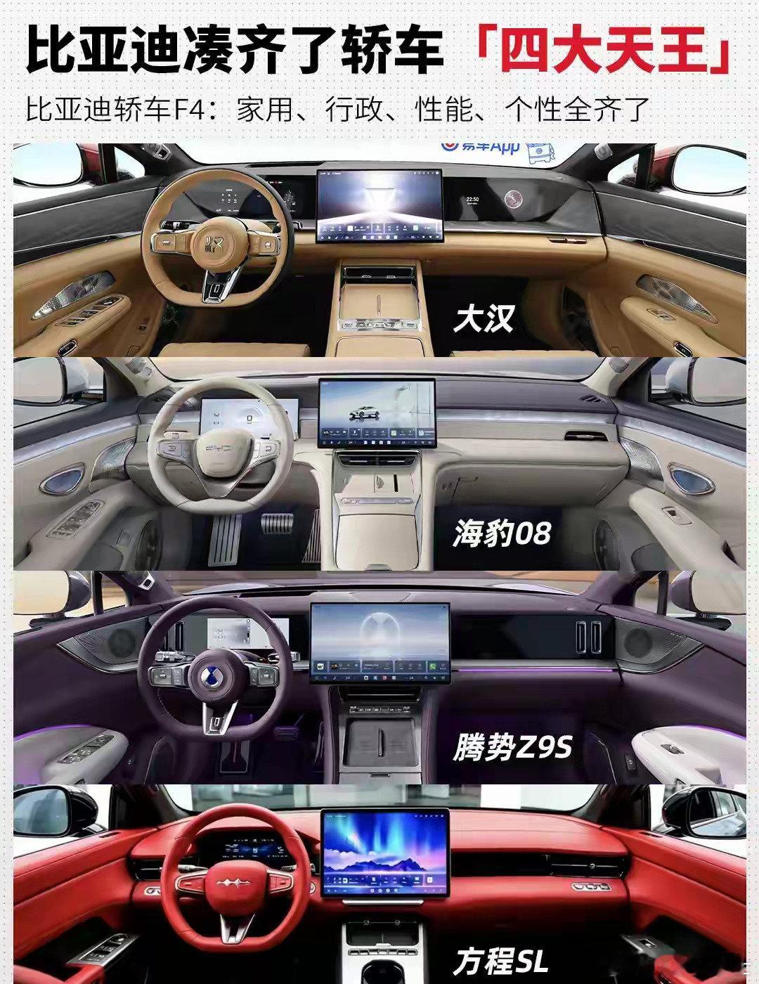大汉、海豹08、Z9S、方程SL比亚迪中高端F4来袭
比亚迪最美轿车终于凑齐了，终有一款适合你[耶][耶] ​
