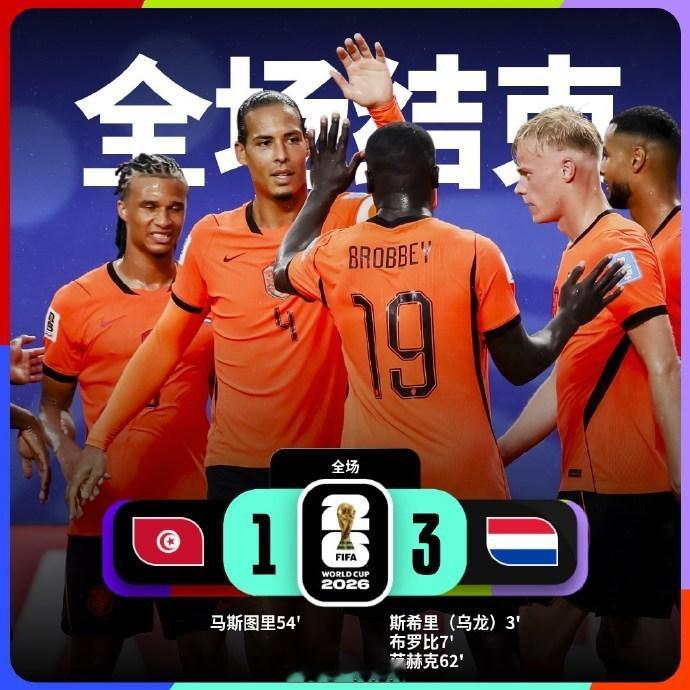 2026世界杯F组第三轮，荷兰队3-1战胜突尼斯，小组第一晋级  斯希...